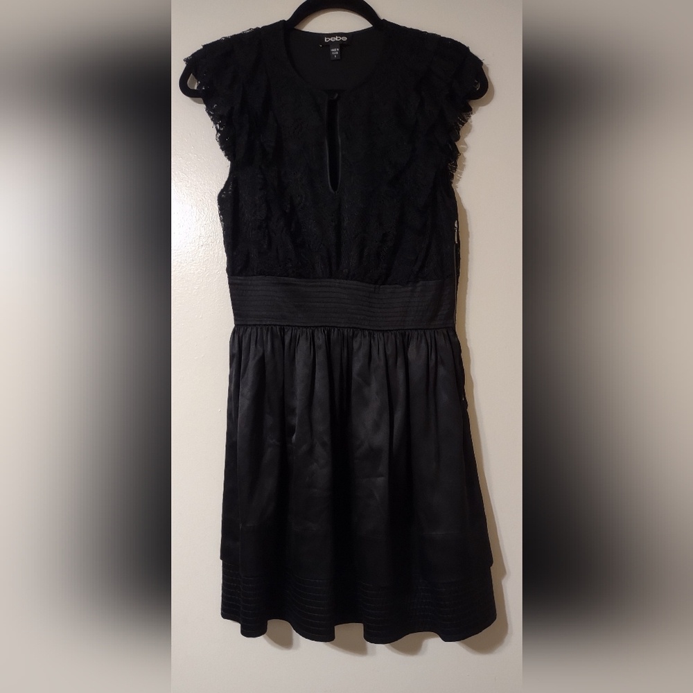 bebe Black Lace Bodice Satin Skirt Mini Cocktail Dress S